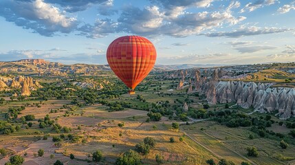Naklejka premium Majestic Hot Air Balloon Soaring Over Scenic Terrain in Cappadocia, Turkey with Unique Rock Formations and Lush Greenery Under a Clear Blue Sky