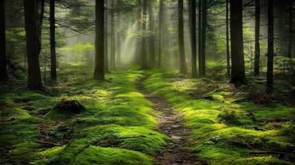 Mystical Forest Path: Sunbeams Through the Trees