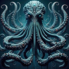 Fototapeta premium A surreal depiction of a mythical octopus, combining intricate design and vibrant colors, perfect for fantasy art, gaming, or creative branding projects.