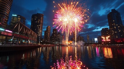 Golden Fireworks Exploding Over a Cityscape