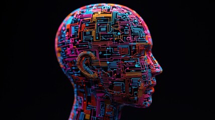 A vibrant, abstract representation of a human head filled with colorful circuitry patterns, symbolizing the fusion of technology and humanity.