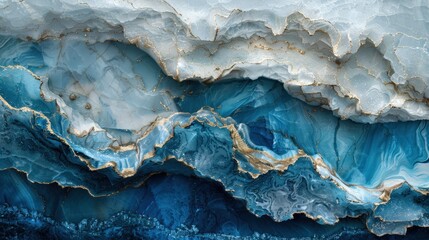 Abstract image of layered blue and white mineral formations with golden accents, ideal for use in natural theme designs, backgrounds, or artistic projects, Perfect for websites, prints, and decor,
