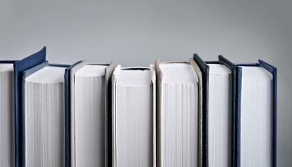 Creative row of stacked white books on gray background. Library, knowledge and education concept.