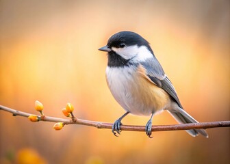 Obraz premium Serene Minimalist Photography of a Chickadee Bird Perched on a Branch Against a Soft, Blurred Background in Natural Light – Perfect for Nature and Wildlife Enthusiasts