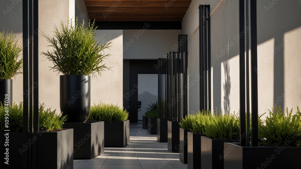 Poster here's a possible and keyword list for your stock photo.. sunlit modern hallway with planters.