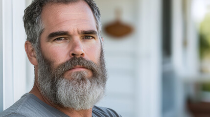 Middle-aged man with thick unkempt salt-and-pepper beard that looks scraggly and untamed