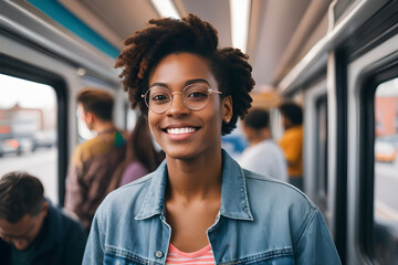 Young black woman smiling while riding public transport