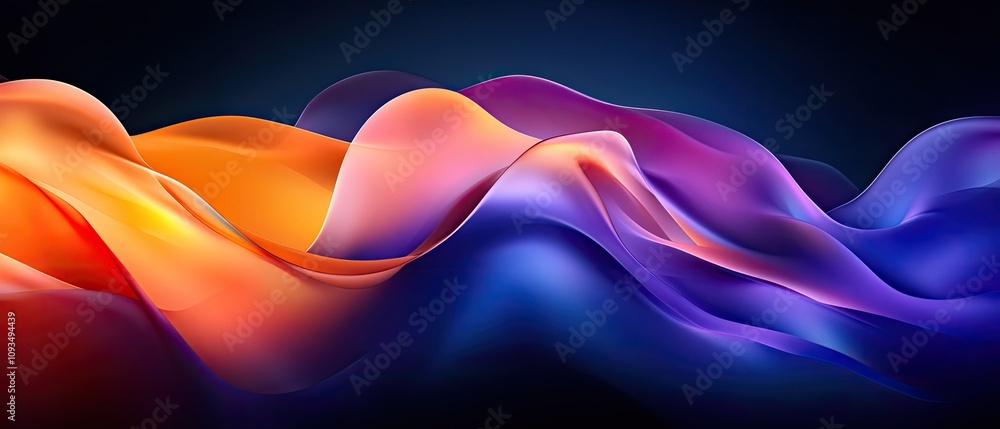 Poster abstract colorful waves in gradient shades of orange, purple, and blue flowing across a dark backgro