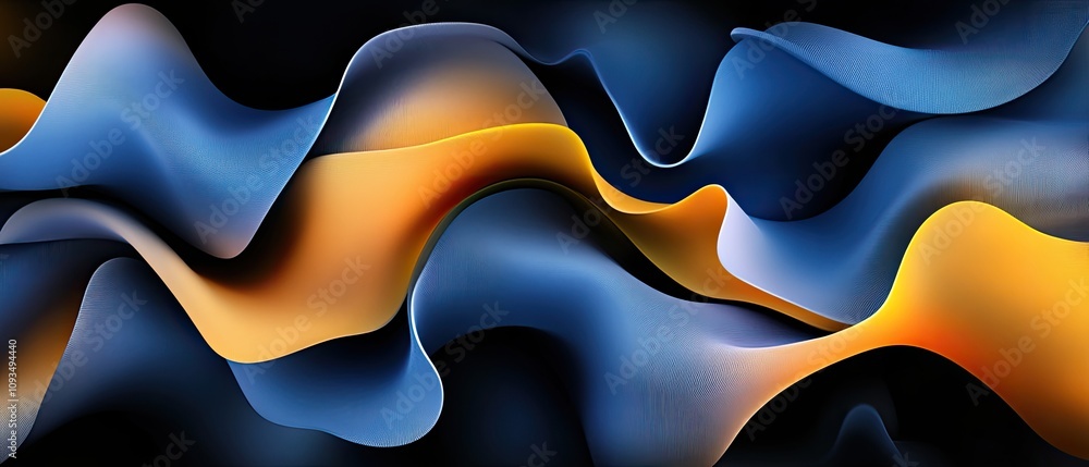Poster abstract waves of blue, orange, and yellow gracefully flowing and intertwining, creating a dynamic a