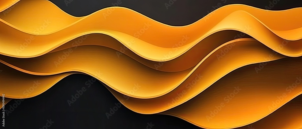 Poster abstract waves of golden yellow on dark background, fluid curves illustrating modern art concepts wi