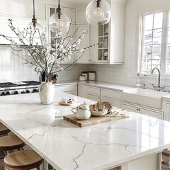 photo of a white kitchen with quartz countertops