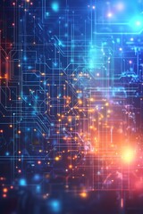 Bright circuit board with glowing blue and red nodes