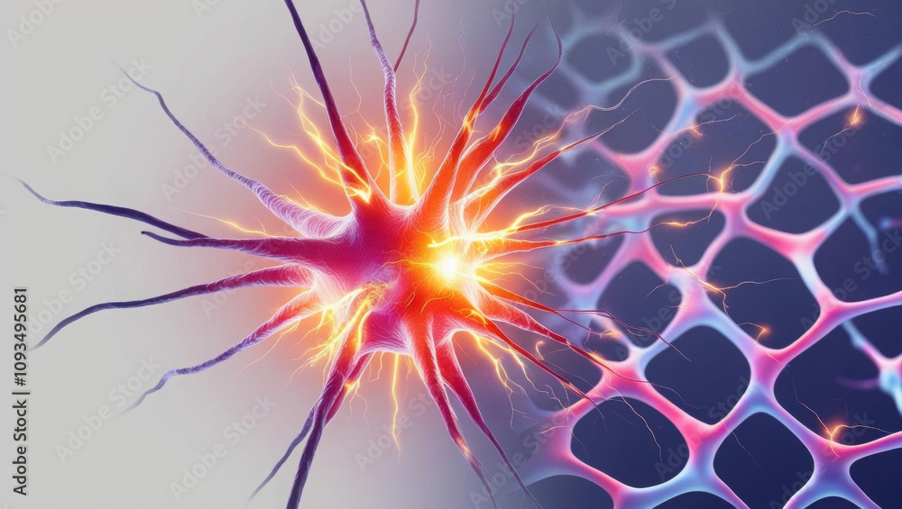Poster detailed neuron firing with glowing synapse sparks, illustrating dynamic group behavior. this vibran