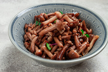 pickled honey mushrooms, in a bowl, homemade, top view, no people,