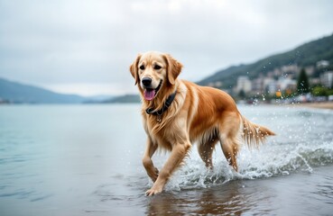 Golden retriever dog runs playfully in shallow water at beach. Dog enjoys fun outdoor activity. Calm ocean waves splash around dog. Cloudy day. Happy pet. Active lifestyle. Coastal scenery. Dog owner