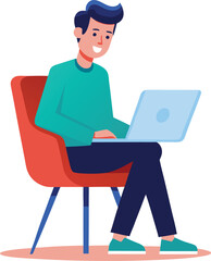 a boy is using his laptop vector