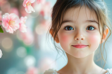 Fototapeta premium A little girl with blue eyes and a flower in her hair