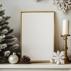 Poster mockup, plain white poster in a light wood frame, simple neutral background, with a touch of Christmas