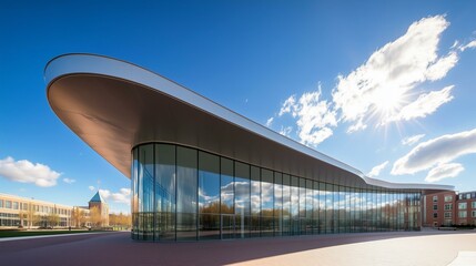 Modern architectural masterpiece with reflective glass and blue sky