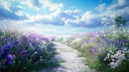 Obraz premium Serene Pathway Through Lush Lavender Fields Under a Bright Blue Sky with Fluffy Clouds Enhancing the Tranquil Landscape and Natural Beauty of a Summer Day