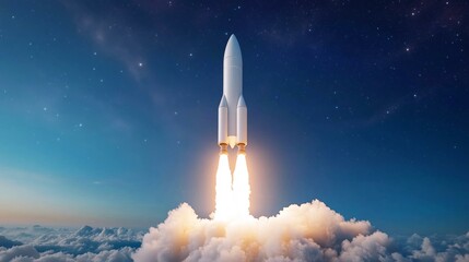 Rocket launching into starry night sky with glowing exhaust and cloudscape