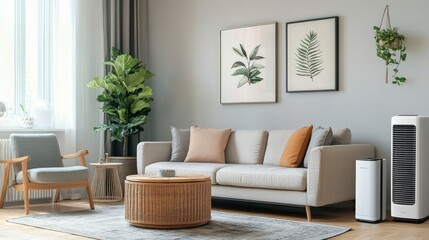 Portable air conditioner in a cozy modern living room.
