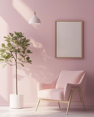 Misty pink wall interior, clear pastel vibes, soft pink armchair side a Indoor plant in white pot, Decorated with Minimalist Wood Borders and hanging lights. ,small living space concept, AI generated