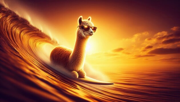 A whimsical llama surfing at sunset, exuding a fun and playful vibe perfect for creative projects, marketing materials, or social media campaigns.