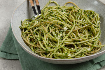 spaghetti with pesto sauce, homemade, no people,