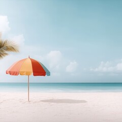 A vibrant beach scene featuring a colorful umbrella on the sand, ideal for vacation, travel, or summer-themed projects, Perfect for social media posts, blogs, or promotional materials,