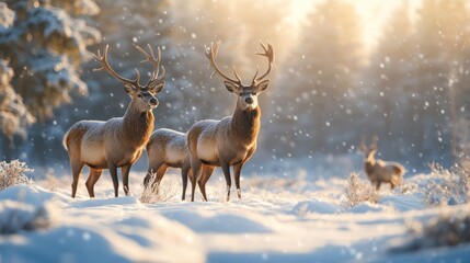 Three majestic red deer stand in a snowy forest with the morning sun shining behind them.