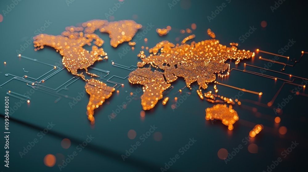 Poster a world map projected onto a dark surface with intricate glowing lines and pulsing nodes showcasing 
