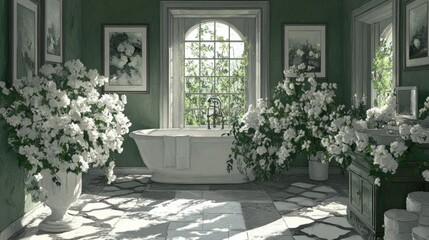Fototapeta premium Luxurious vintage bathroom with white flowers and large window view
