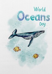 Watercolor postcard International Day of Oceans, Whales and Fish1