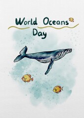 Watercolor postcard International Day of Oceans, Whales and Fish1