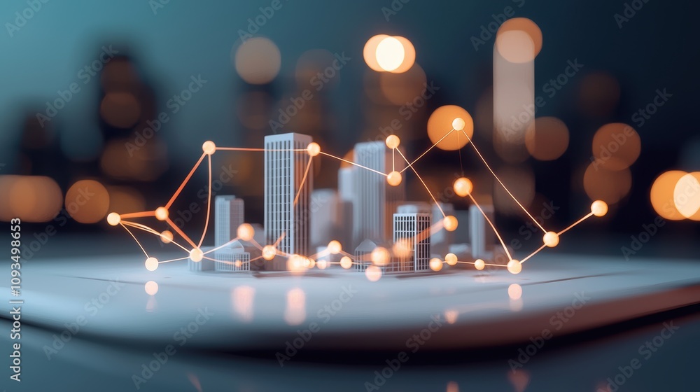 Poster a futuristic cityscape at night with glowing lines representing interconnected networks and data cen