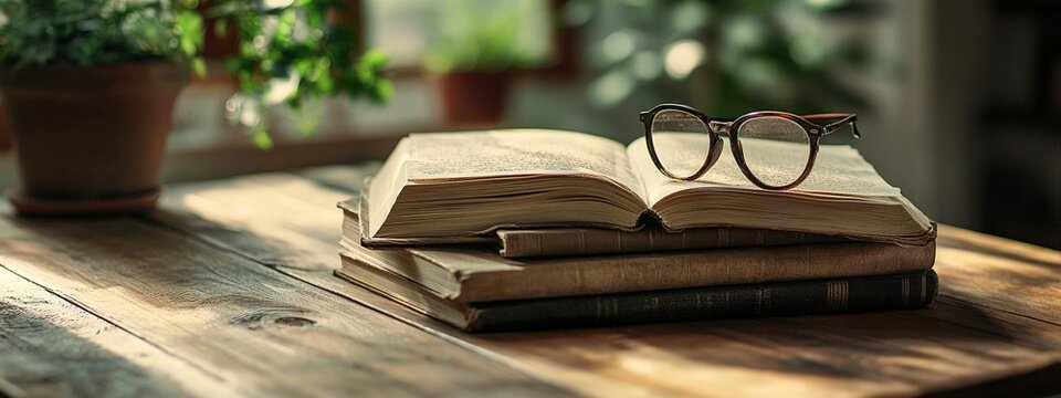 horizontal image of a top view of a stack of books Dark background with copy space for text. World Book Day concept. For banner, design, cover, thumbnail, social media, business, linkedin, presentat