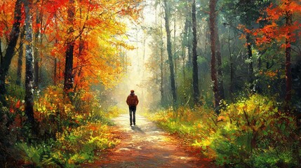 Serene Autumn Walk in Forest with Colorful Leaves and Soft Light Filtering Through Trees, Inviting Calmness and Reflection in Nature's Embrace
