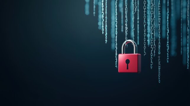 A dark background with binary code and a padlock icon, symbolizing data encryption and secure communication protocols.