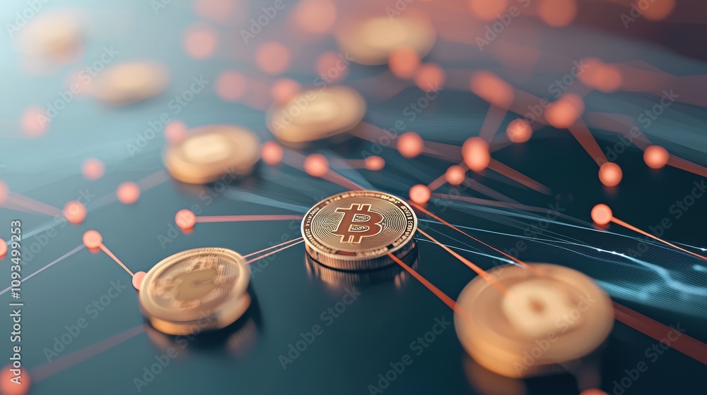 Poster abstract image of interconnected nodes with cryptocurrency logos, showcasing the concept of decentra