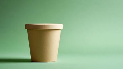 Simple brown paper cup resting against a green background in a minimalistic setting