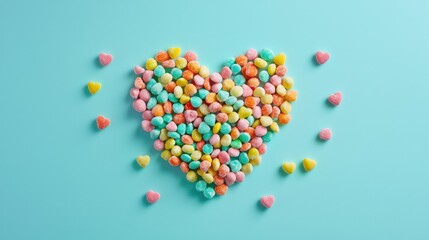 Obraz premium Colorful Heart Shape Made of Assorted Candy on a Bright Background, Perfect for Celebrations and Sweet Treats for Every Occasion