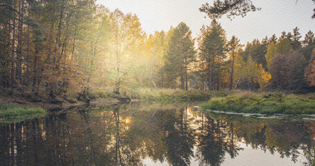 Serene forest scene with a lake in the foreground