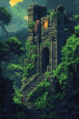 Obraz premium Pixel art explorer stands before ancient ruins overgrown by rich jungle foliage. Glowing artifacts hint at lost civilization. Detailed pixel graphics create retro video game aesthetic. Adventure game
