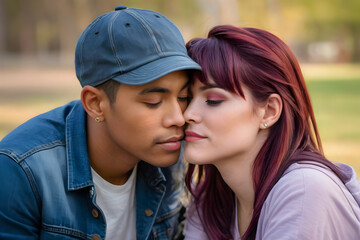 Fototapeta premium Young couple sharing intimate moment outdoors with eyes closed
