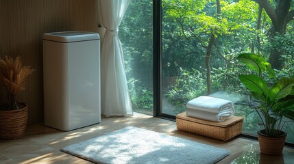 Serene bathroom with large window overlooking lush green garden