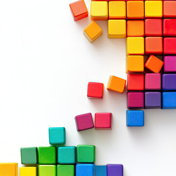 Fototapeta Collage, scattering of rainbow 3D cubes, isolated, on a white background with advertising space. Illustration, concept, game, creative process.