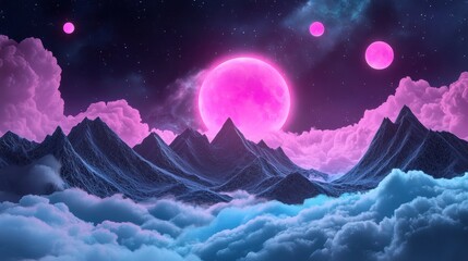 Fototapeta premium A surreal alien landscape with towering fractal mountains piercing a swirling, nebula filled sky, illuminated by the glow of multiple suns.