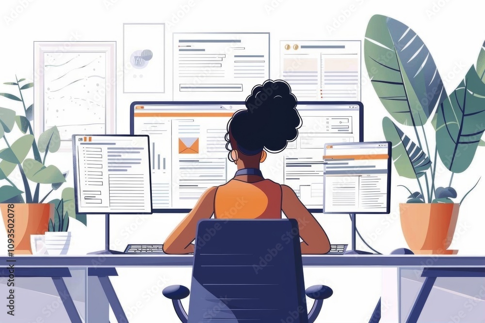 Aufkleber a person working at a desk with multiple monitors and plants in a modern workspace.