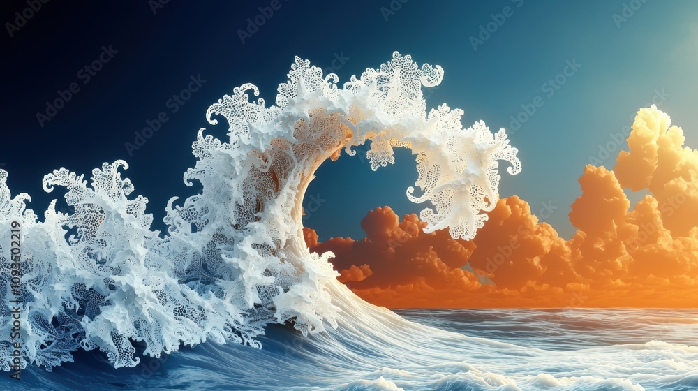 Poster a series of fractal waves crashing on a digital shore, their crests adorned with intricate patterns 